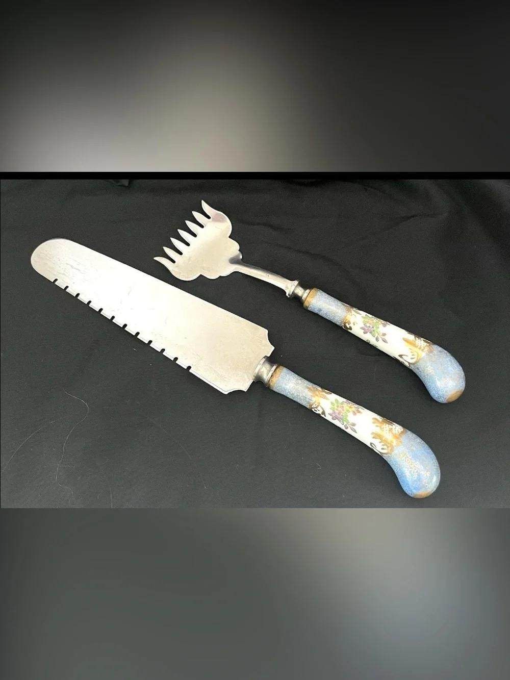 Vintage Porcelain Handled Cheese & Pastry Knife Set Ornate Gilt & Floral Design